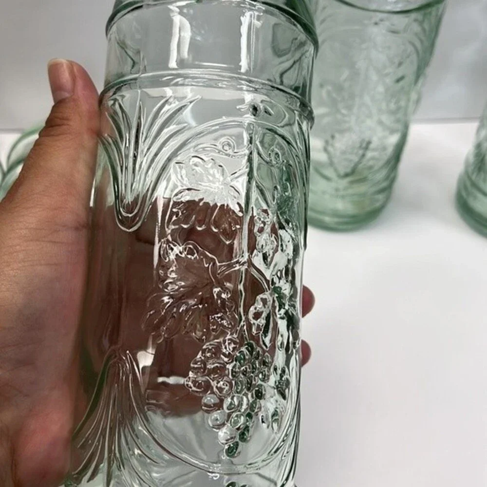 William Sonoma made in Spain Embossed Clear Green Glass Bottles set of 3